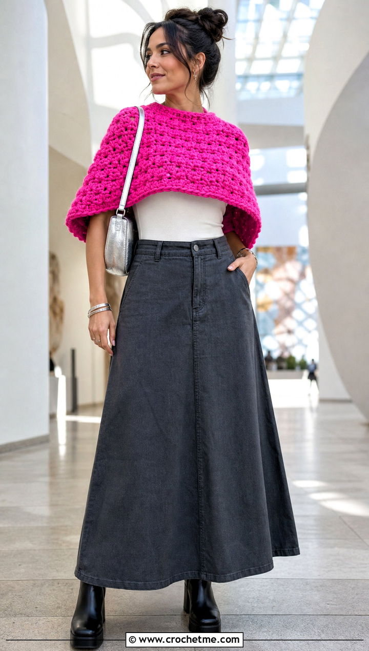 Cropped Chunky Crochet Poncho With Maxi Skirt - 25 Chunky Crochet Poncho outfit ideas