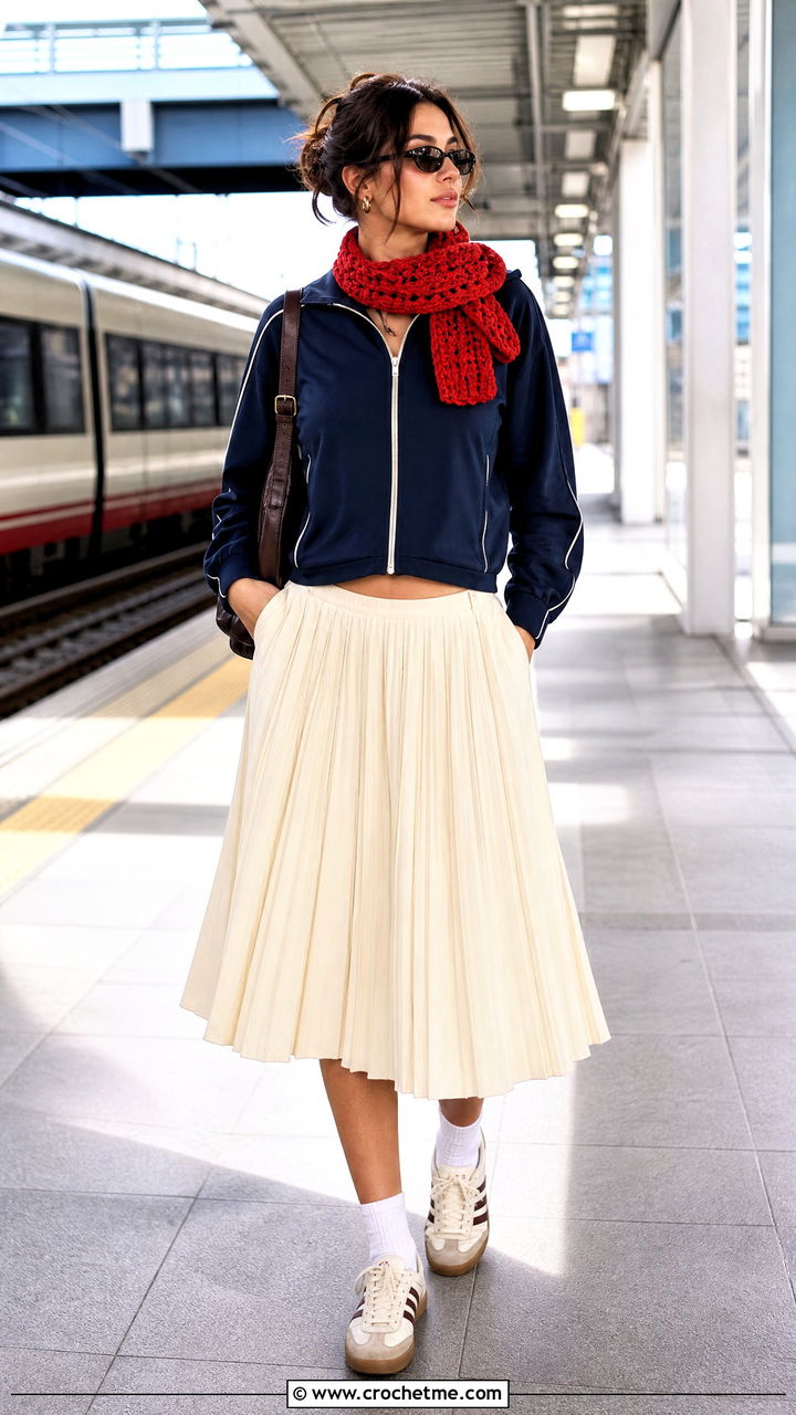 Cropped Chunky Crochet Scarf With Track Jacket And Pleated Skirt - 35 chunky crochet scarf outfit ideas