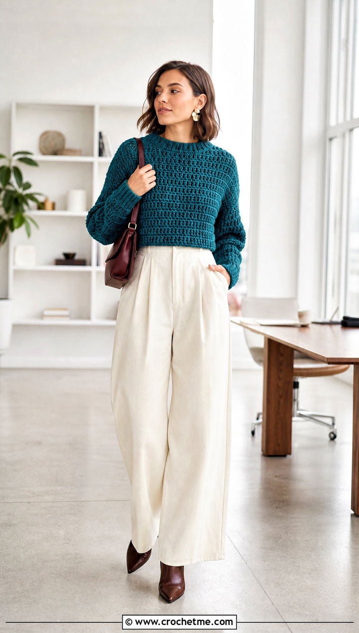 Cropped Chunky Crochet Sweater With Wide Leg Trousers - 25 Chunky Crochet Sweaters outfit ideas