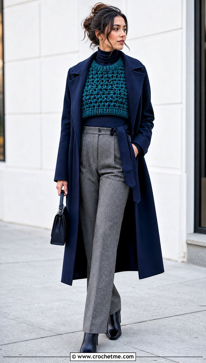 Cropped Chunky Crochet Top With Wool Pants - 35 winter crochet top outfit ideas