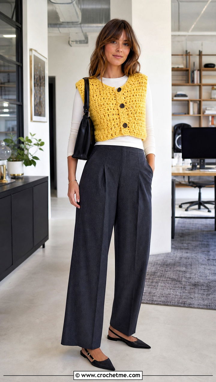 Cropped Chunky Crochet Vest With Wide Leg Trousers - 20 Chunky Yarn Crochet Vest outfit ideas