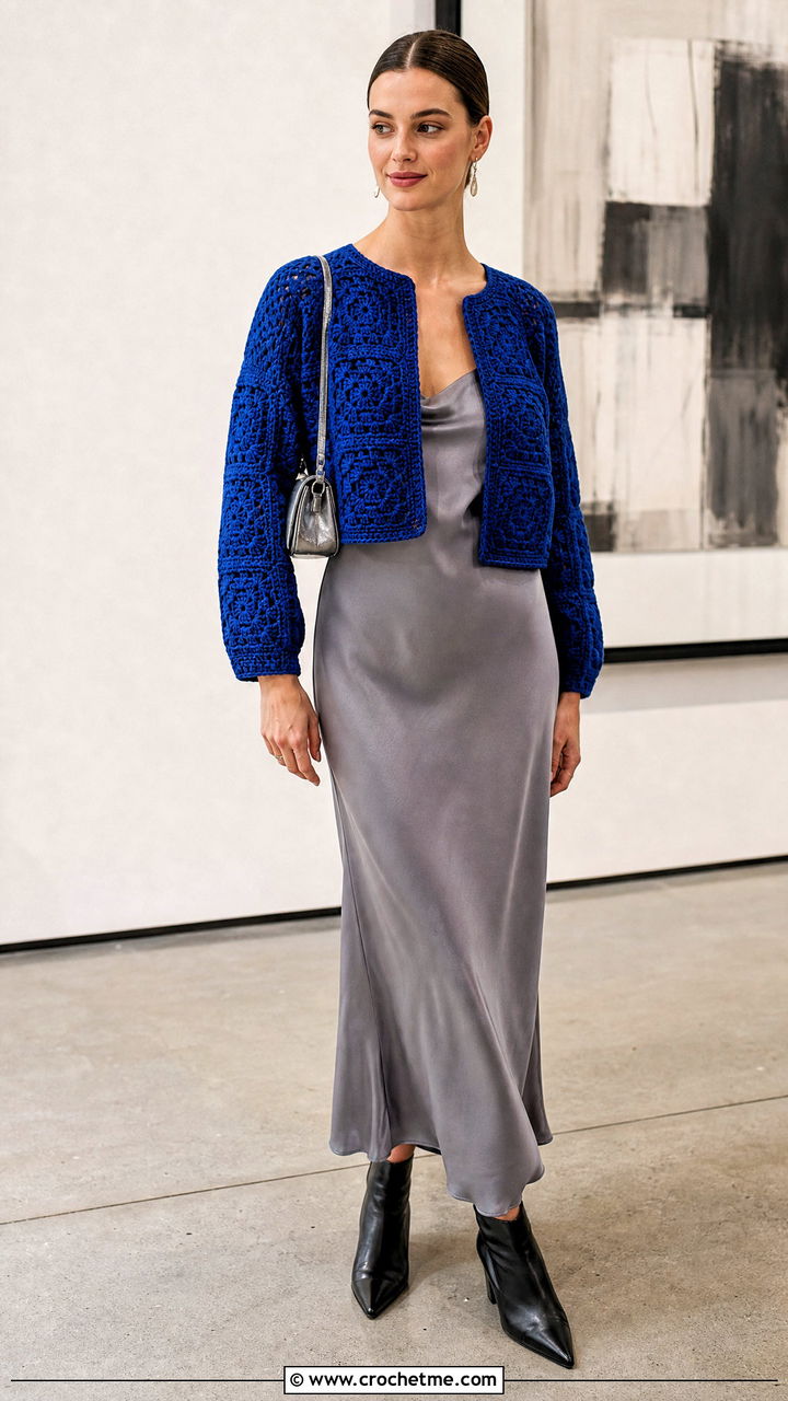 Cropped Chunky Granny Square Cardigan With Slip Dress - 35 Chunky Granny Square Cardigan outfit ideas