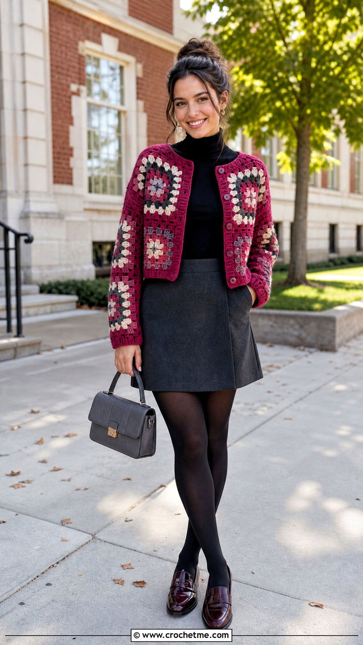 Cropped Chunky Granny Square Cardigan With Wool Mini Skirt - 35 Chunky Granny Square Cardigan outfit ideas
