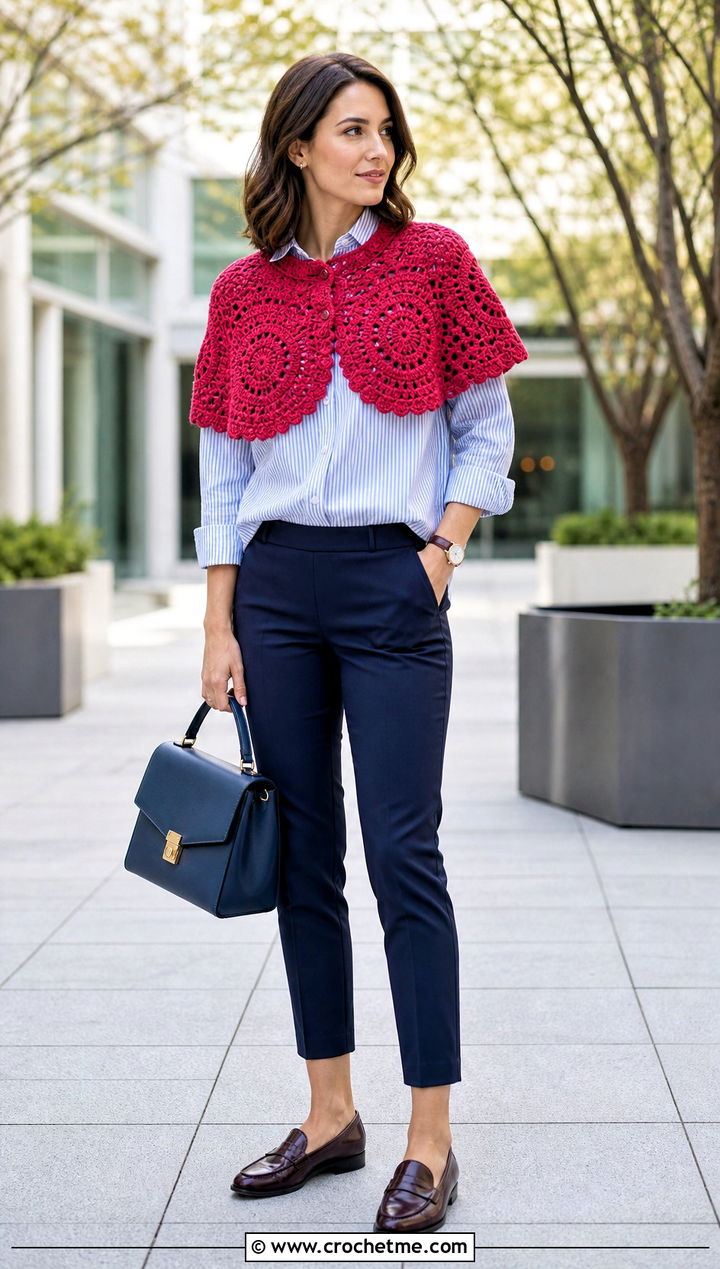 Cropped Circle Capelet With Button Down Shirt - 25 Crochet Circle Poncho outfit ideas
