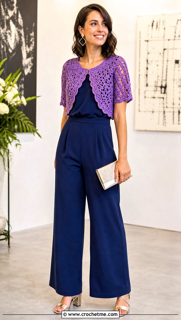 Cropped Circular Shrug Jacket With Wide Leg Jumpsuit - 15 Crochet Circular Jacket outfit ideas