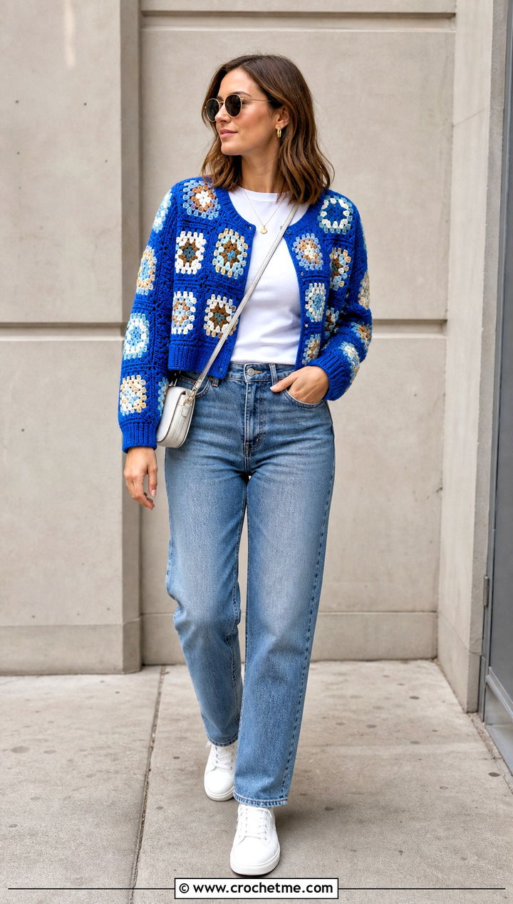 Cropped Classic Granny Square Cardigan With Straight Jeans - 30 crochet granny squares cardigan outfit ideas