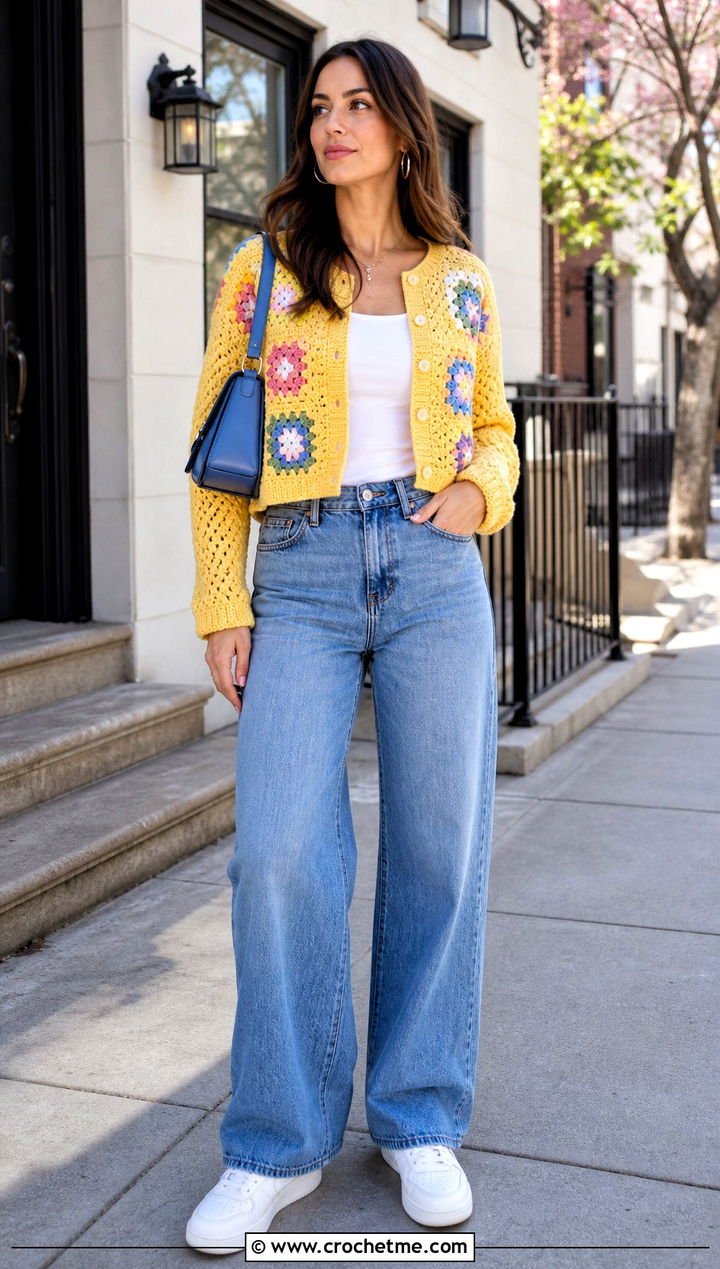 Cropped Classic Granny Square Cardigan With Wide Leg Jeans - 25 Two Granny Square Cardigan outfit ideas