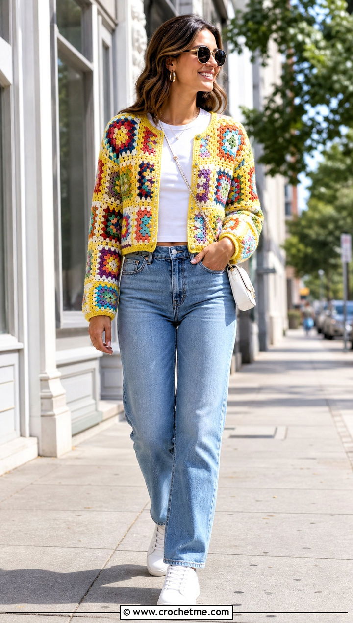 Cropped Classic Granny Square Patchwork Cardigan With Straight Leg Jeans - 30 Granny Square Patchwork Cardigan outfit ideas
