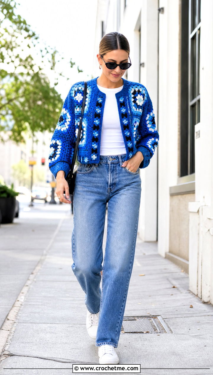 Cropped Cobalt Blue Granny Square Cardigan With Straight Jeans - 30 blue granny square cardigan outfit ideas