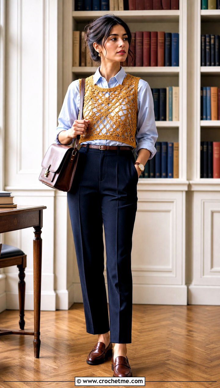 Cropped Cobweb Vest Top With Button Down Shirt - 25 Crochet Cobweb Top outfit ideas