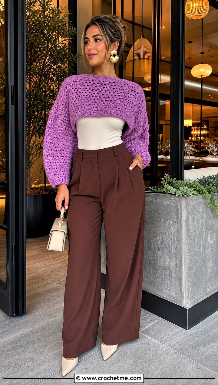 Cropped Cocoon Blanket Sweater With Palazzo Pants - 30 crochet blanket sweater outfit ideas