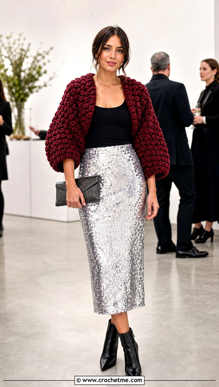 Cropped Cocoon Chunky Crochet Shrug With Sequin Skirt - 25 Chunky Crochet Shrug outfit ideas
