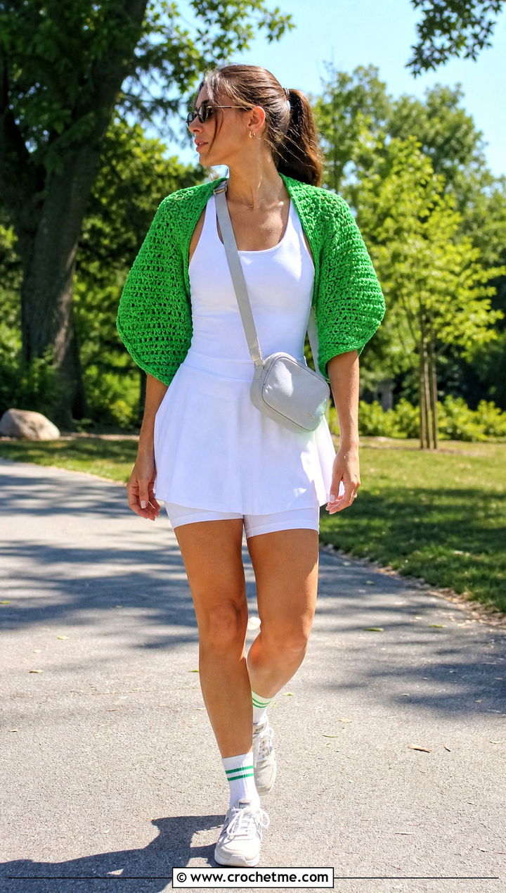 Cropped Cocoon Shrug With Tennis Dress - 15 Y2K Crochet Shrug outfit ideas