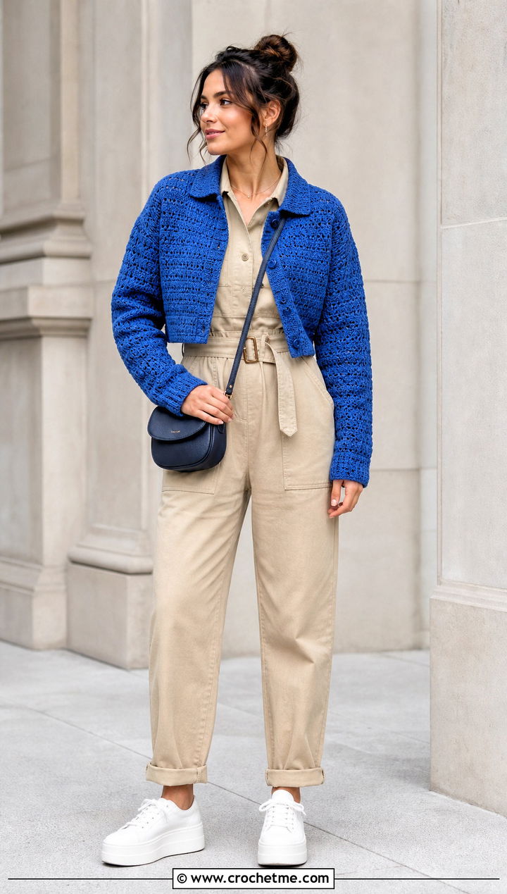 Cropped Collared Solid Hexagon Cardigan With Utility Jumpsuit - 30 crochet solid hexagon cardigan outfit ideas