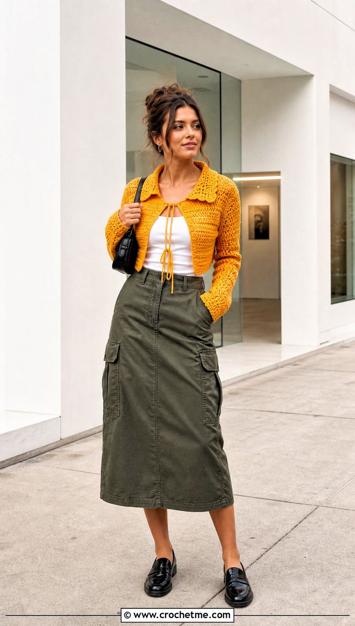 Cropped Collared Tie Cardigan With Cargo Midi Skirt - 35 crochet tie cardigan outfit ideas