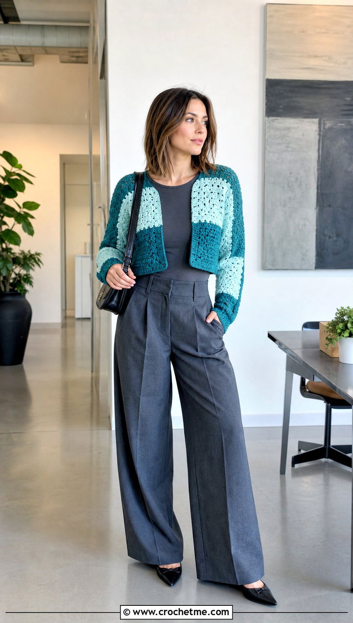 Cropped Color Block Cardigan With Wide Leg Trousers - 25 crochet block cardigan outfit ideas