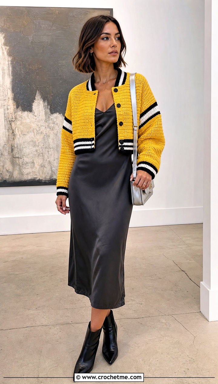Cropped Color Block Crochet Letterman Jacket With Slip Dress - 30 crochet letterman jacket outfit ideas