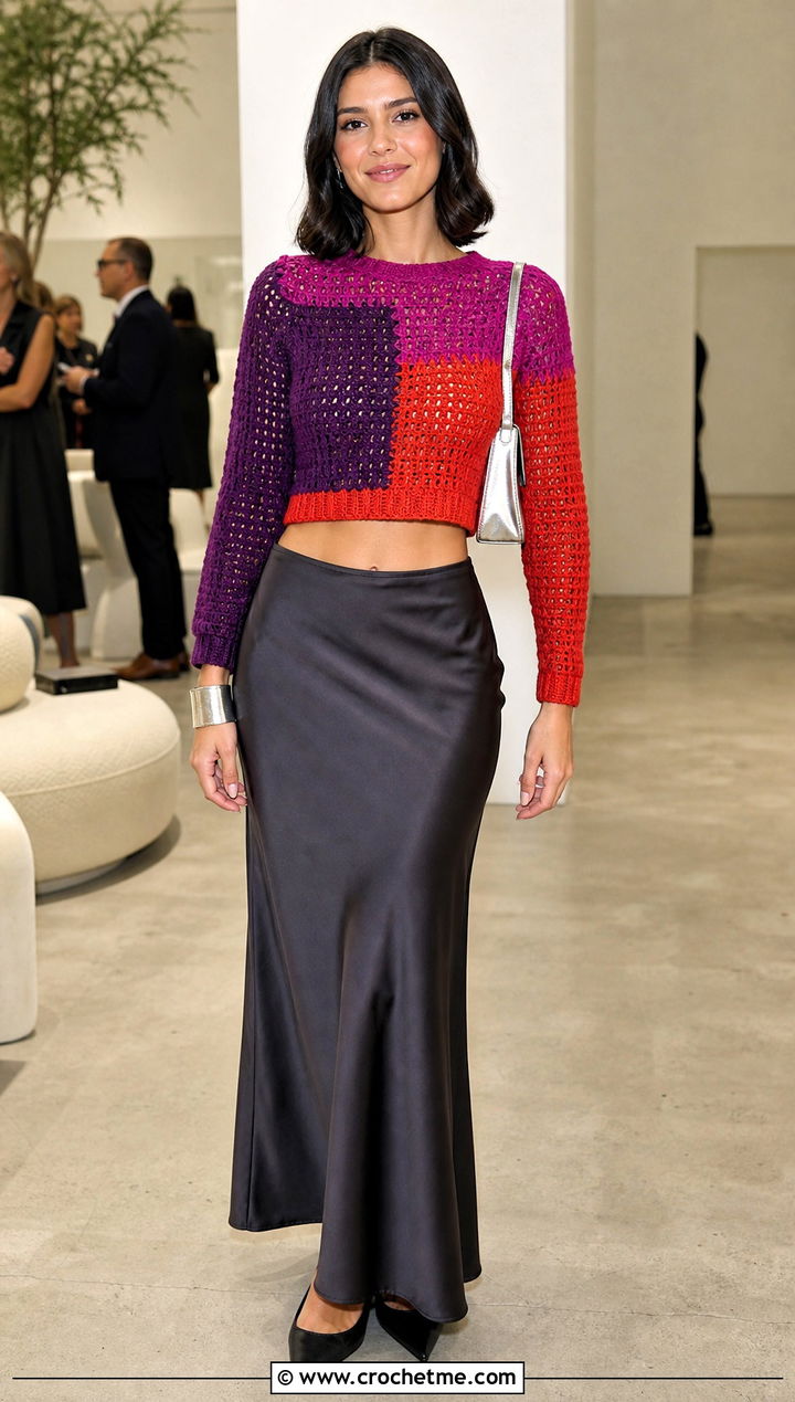 Cropped Color Block Crochet Sweater With Satin Maxi Skirt - 25 Color Block Crochet Sweater outfit ideas