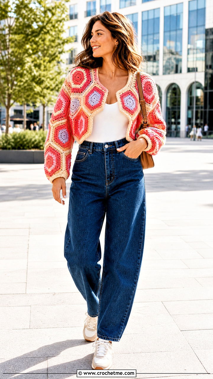 Cropped Colorblock Hexagon Sweater With Barrel Jeans - 35 crochet hexagon sweater outfit ideas