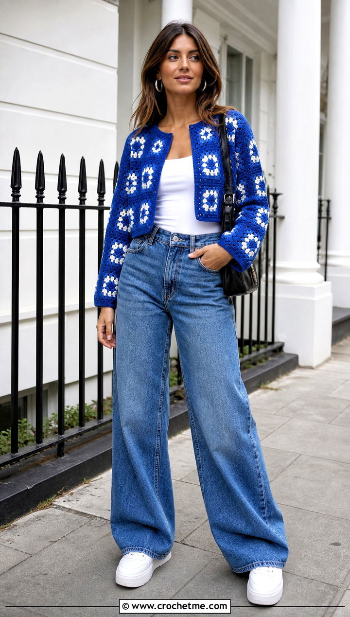Cropped Continuous Granny Square Cardigan With Wide Leg Jeans - 25 continuous granny square cardigan outfit ideas