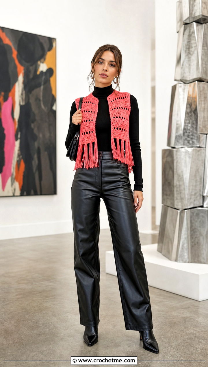 Cropped Coral Fringe Vest With Black Leather Pants - 15 coral fringe vest in knit crochet boho style outfit ideas
