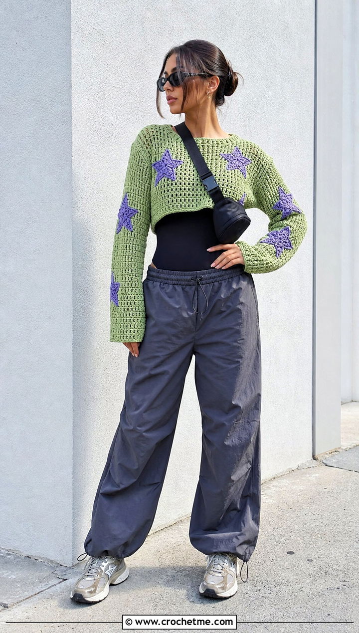 Cropped Coraline Star Crochet Sweater With Parachute Pants - 25 Coraline Star Crochet Sweater outfit ideas