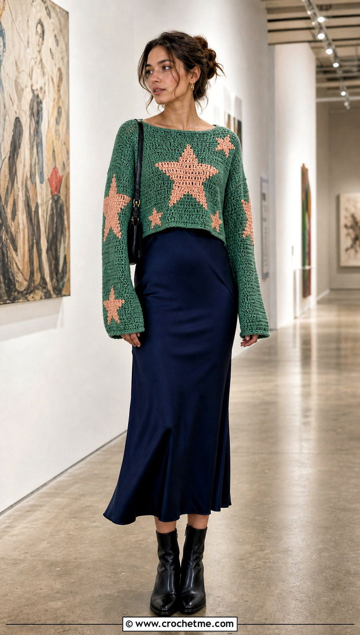 Cropped Coraline Star Crochet Sweater With Slip Dress - 25 coraline crochet sweater outfit ideas
