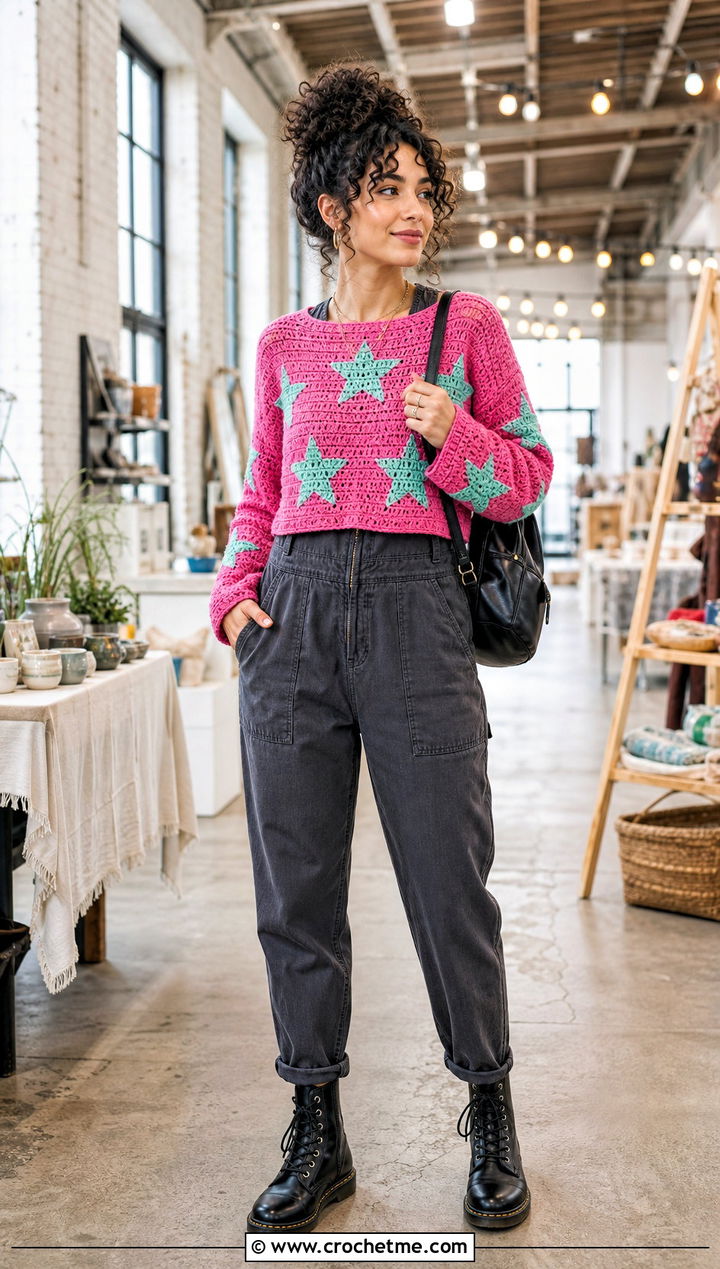 Cropped Coraline Star Crochet Sweater With Utility Jumpsuit - 25 Coraline Star Crochet Sweater outfit ideas