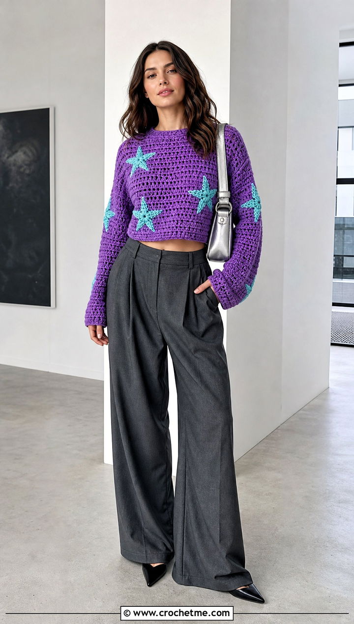 Cropped Coraline Star Crochet Sweater With Wide Leg Trousers - 25 Coraline Star Crochet Sweater outfit ideas