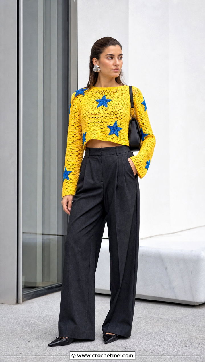 Cropped Coraline Star Crochet Sweater With Wide Leg Trousers - 25 coraline crochet sweater outfit ideas