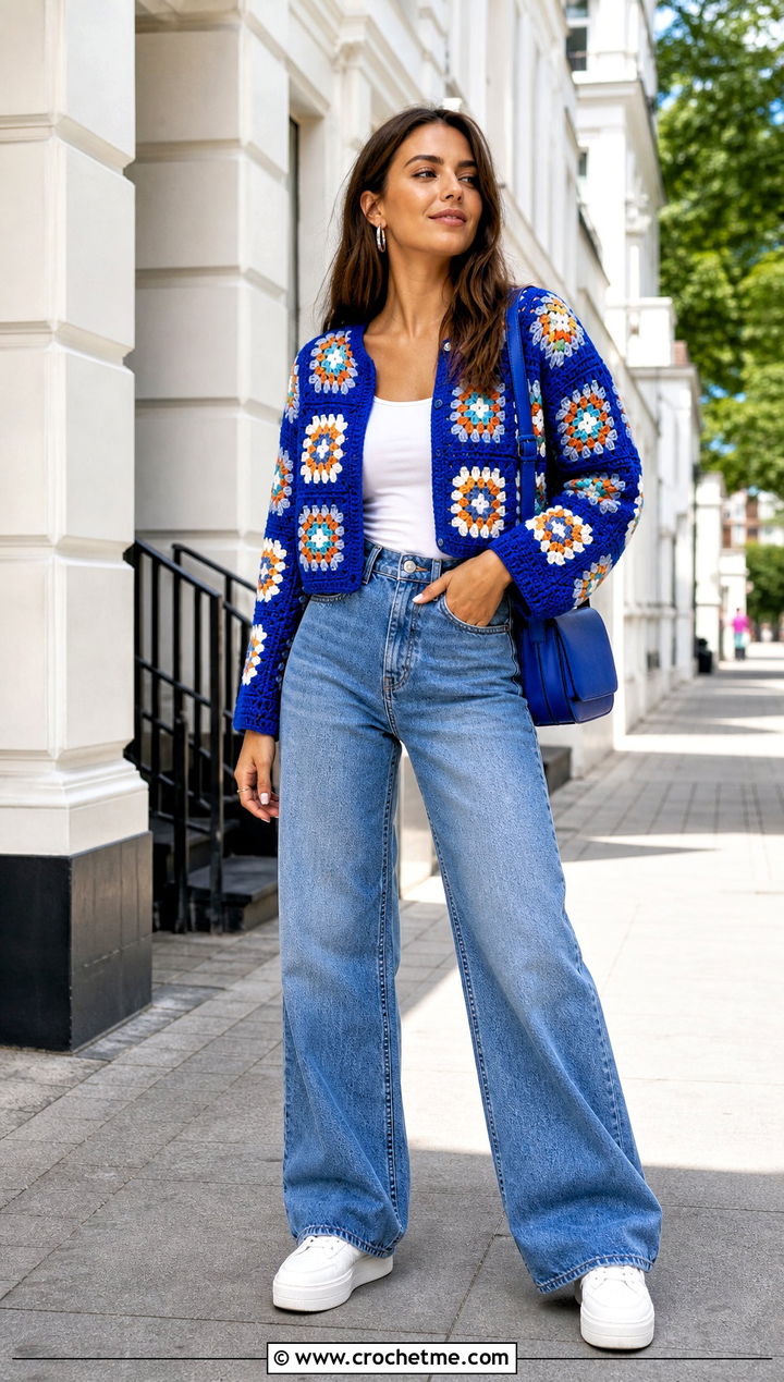 Cropped Cotton Granny Square Cardigan With Wide Leg Jeans - 25 cotton granny square cardigan outfit ideas