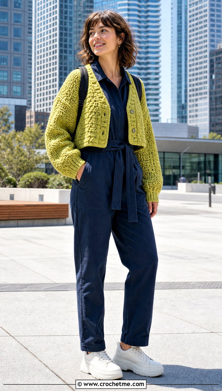 Cropped Couch Crochet Cardigan With A Utility Jumpsuit - 15 Couch Crochet Cardigan outfit ideas
