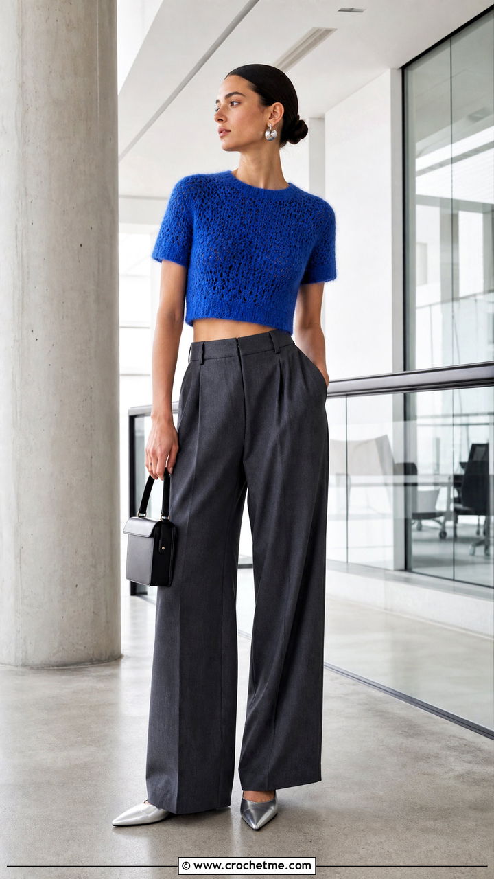 Cropped Crew Neck Crochet Mohair Top With Wide Leg Trousers - 35 crochet mohair top outfit ideas
