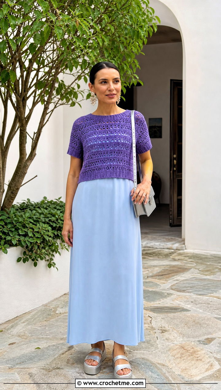 Cropped Crew Neck Crochet Short Sleeve Sweater Over Maxi Dress - 25 Crochet Short Sleeve Sweater outfit ideas