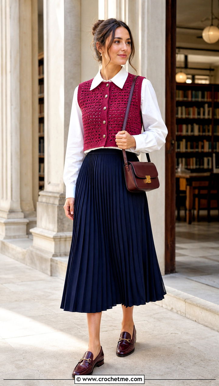 Cropped Crew Neck Crochet Waistcoat With Pleated Midi Skirt - 35 crochet waist coat outfit ideas