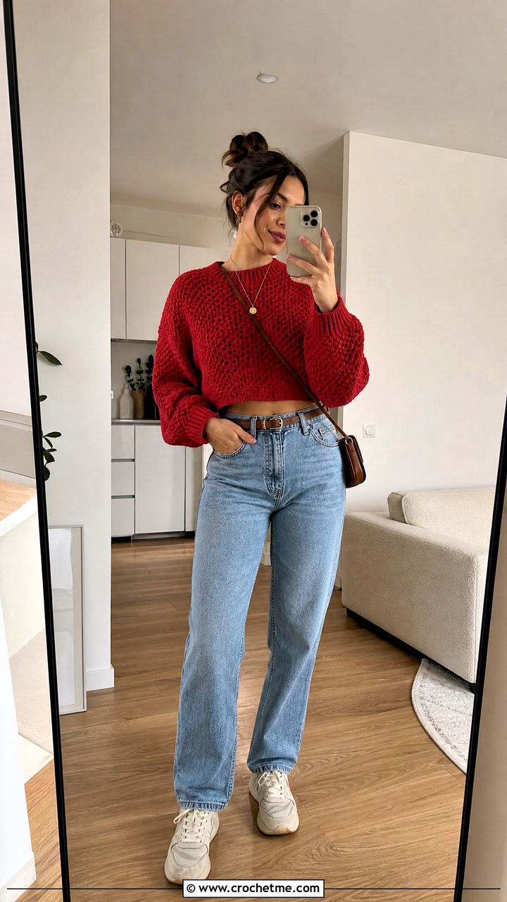 Cropped Crewneck Chunky Crochet Jumper With High Waisted Mom Jeans - 35 chunky crochet jumper outfit ideas