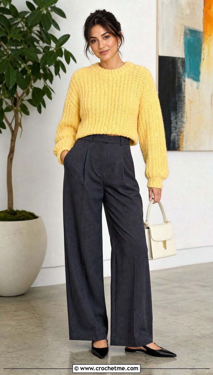 Cropped Crewneck Crochet Chenille Sweater With Wide Leg Trousers - 25 crochet chenille sweater outfit ideas