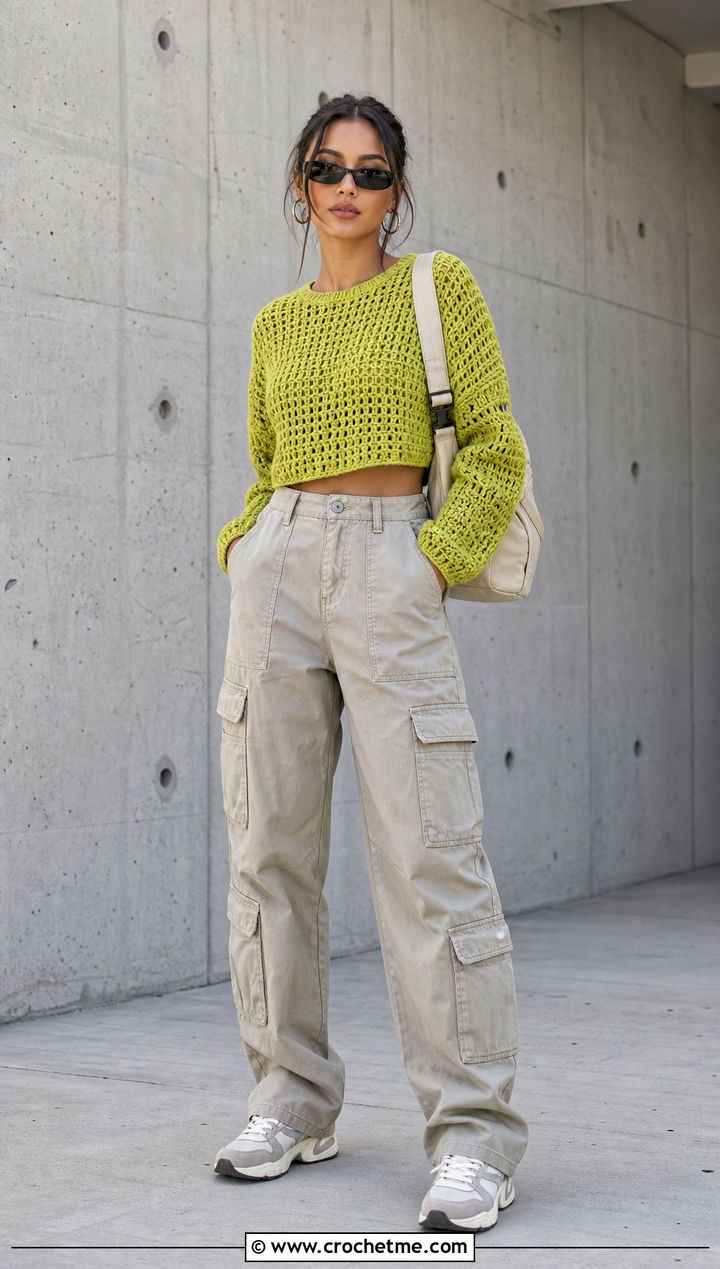 Cropped Crewneck Crochet Sweater With Cargo Pants - 35 crocheted sweaters outfit ideas