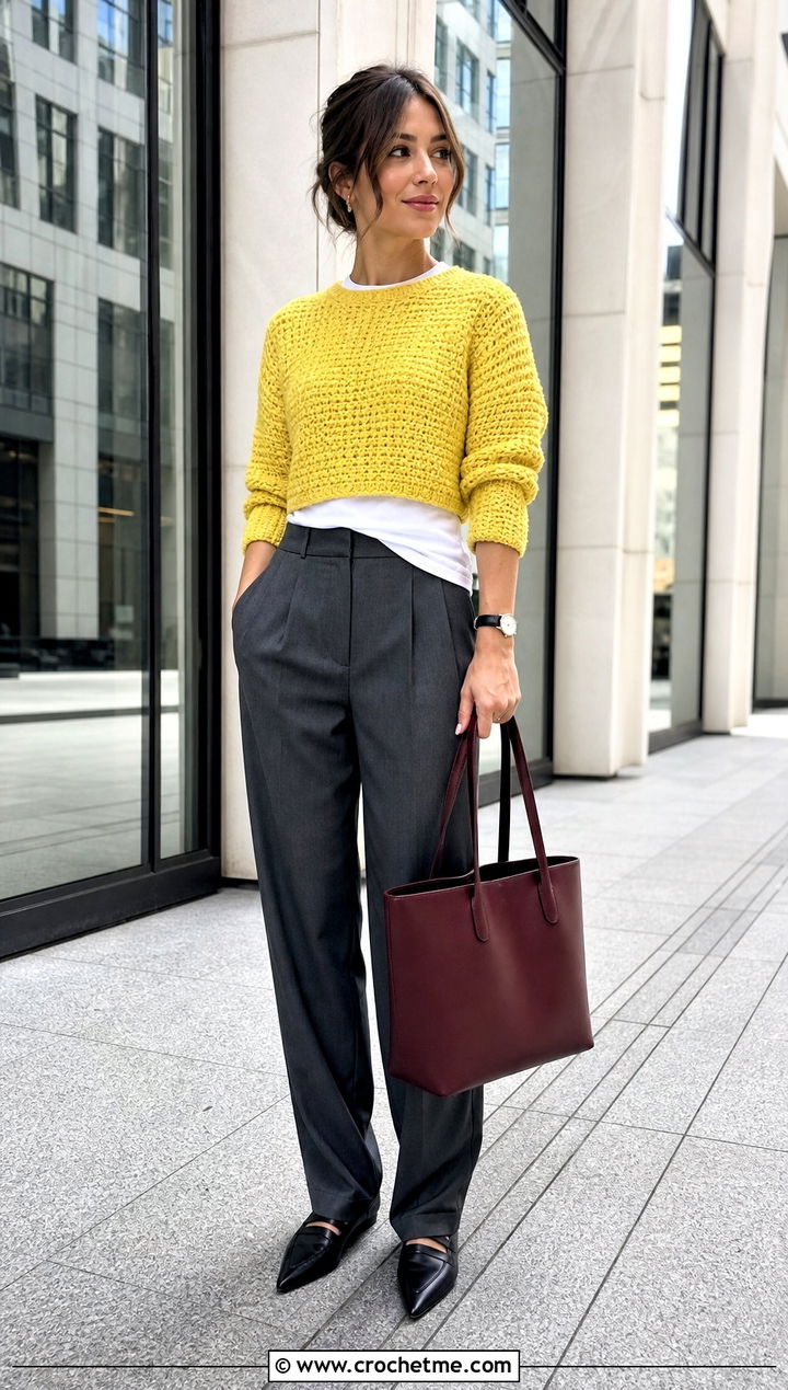 Cropped Crewneck Crochet Sweater With Tailored Trousers - 15 Crochet Projects Sweaters outfit ideas