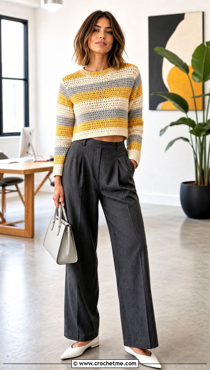Cropped Crewneck Crocheted Striped Sweater With Wide Leg Trousers - 20 Crocheted Striped Sweater outfit ideas