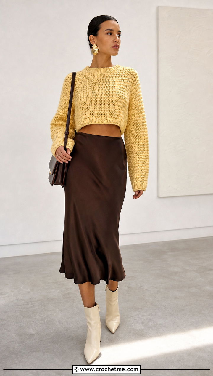 Cropped Crewneck Designer Crochet Sweater With Satin Midi Skirt - 15 Designer Crochet Sweater outfit ideas