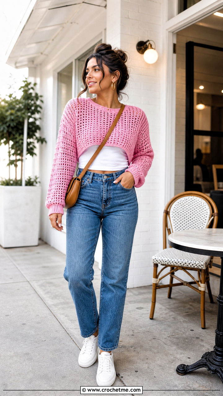 Cropped Crewneck Pink Crochet Sweater With High Rise Jeans - 35 pink crochet sweater outfit ideas