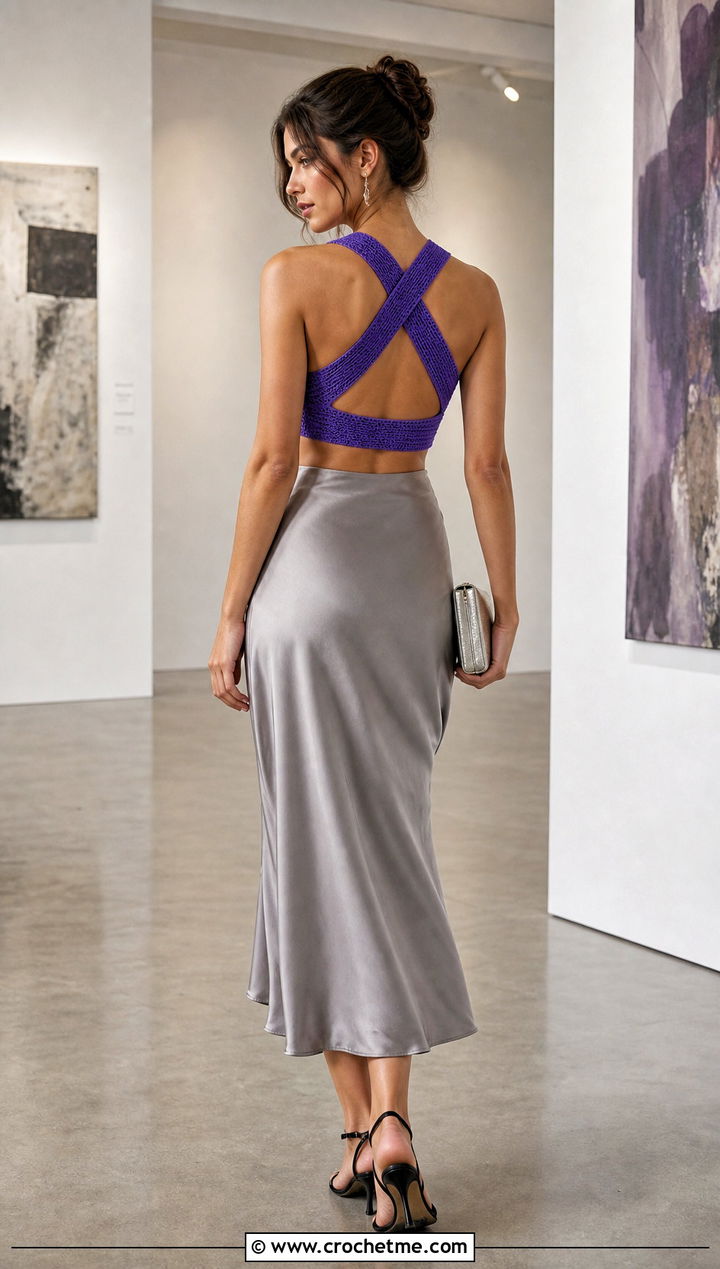 Cropped Crisscross Back Crochet Vest With Satin Midi Skirt - 15 crochet open back vest outfit ideas