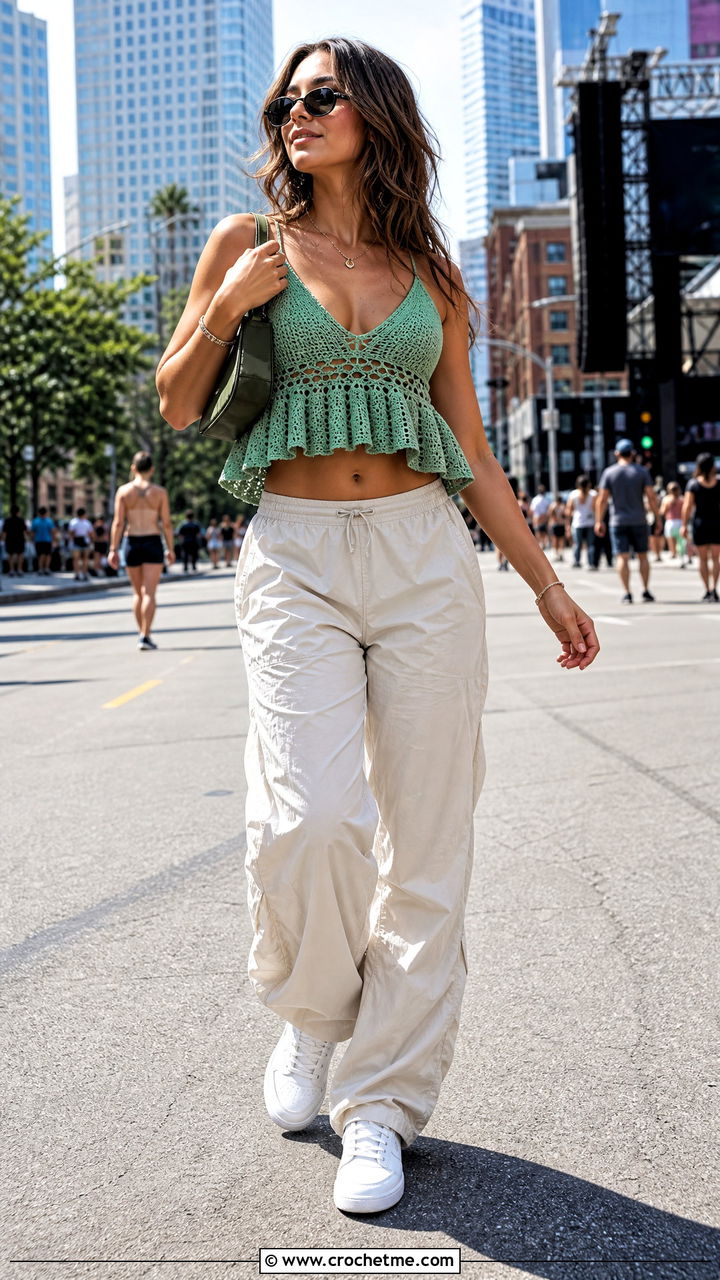 Cropped Crochet Babydoll Top With Parachute Pants - 35 crochet babydoll top outfit ideas