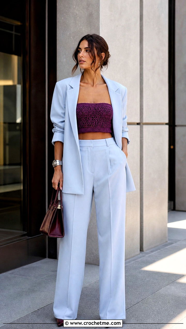 Cropped Crochet Bandeau Top With Oversized Suit - 35 strapless crochet top outfit ideas