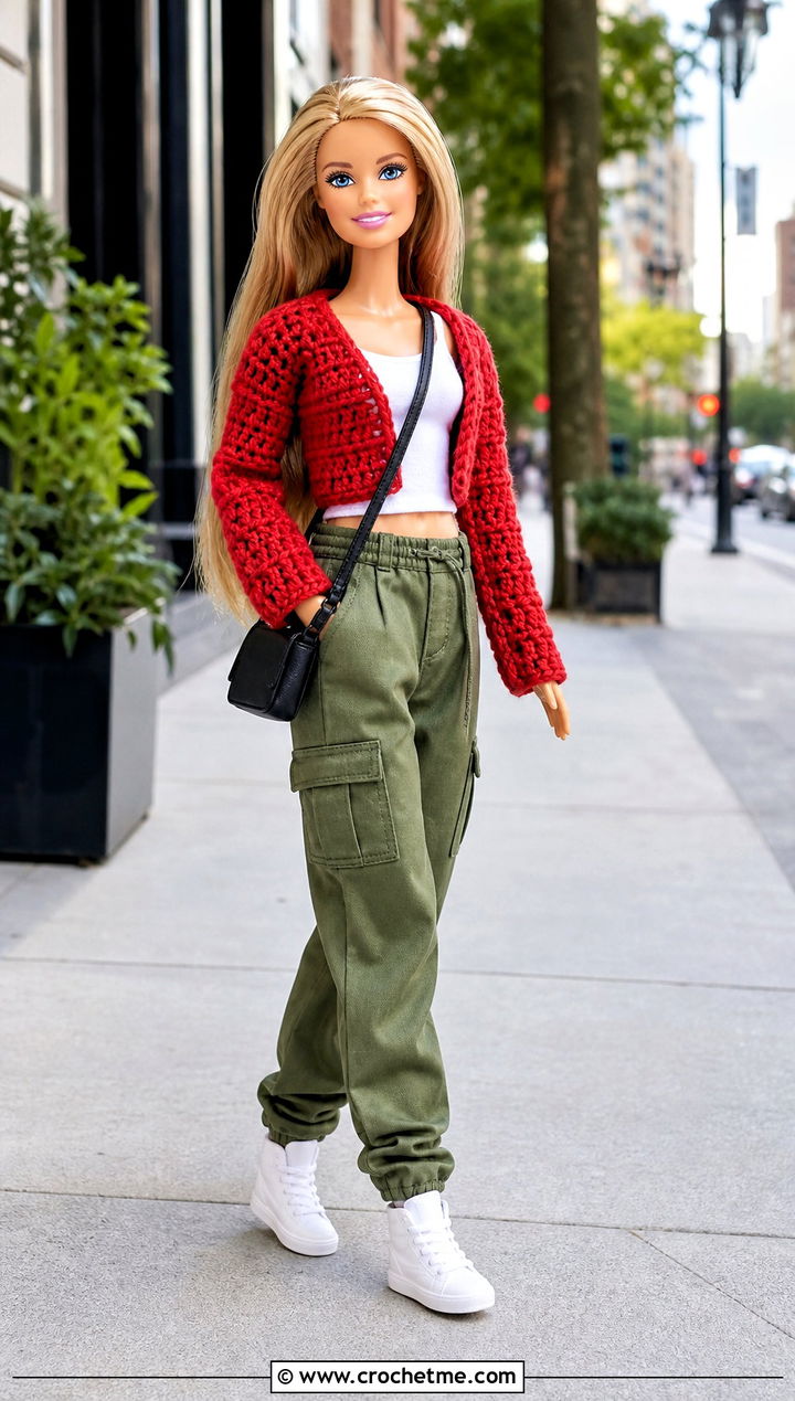 Cropped Crochet Barbie Jacket With Cargo Pants - 25 easy crochet barbie doll clothes and outfit ideas