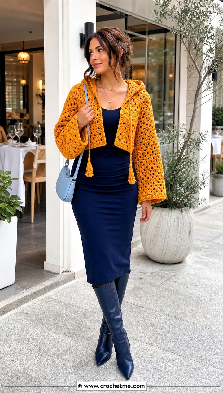 Cropped Crochet Blanket Hoodie With Midi Dress - 30 crochet blanket hoodie outfit ideas