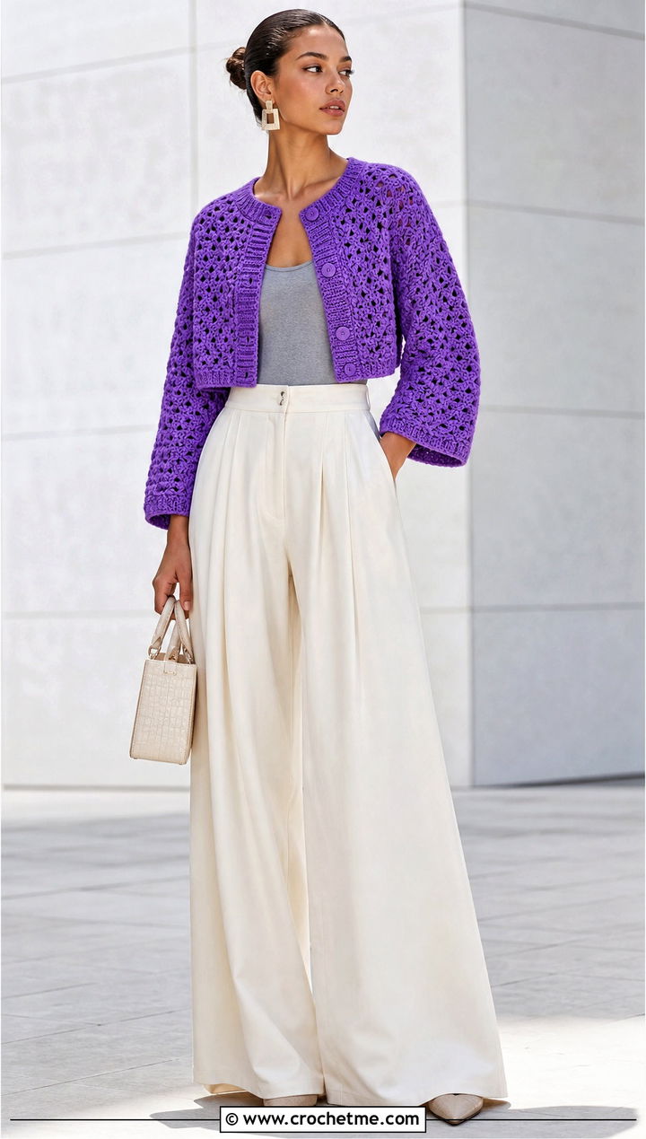 Cropped Crochet Blanket Jacket With Wide Leg Pants - 25 crochet blanket jacket outfit ideas