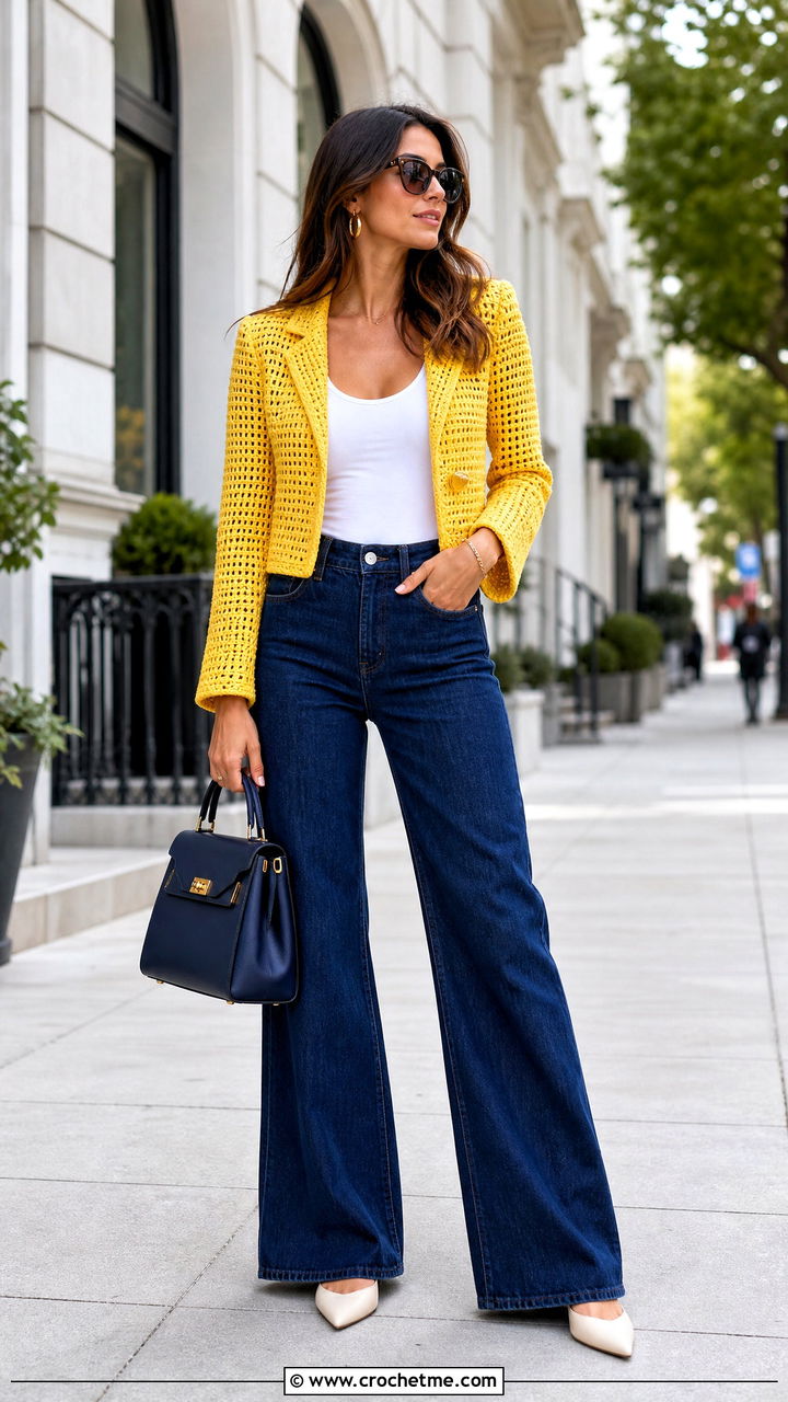 Cropped Crochet Blazer With Wide Leg Jeans - 35 crochet blazer outfit ideas