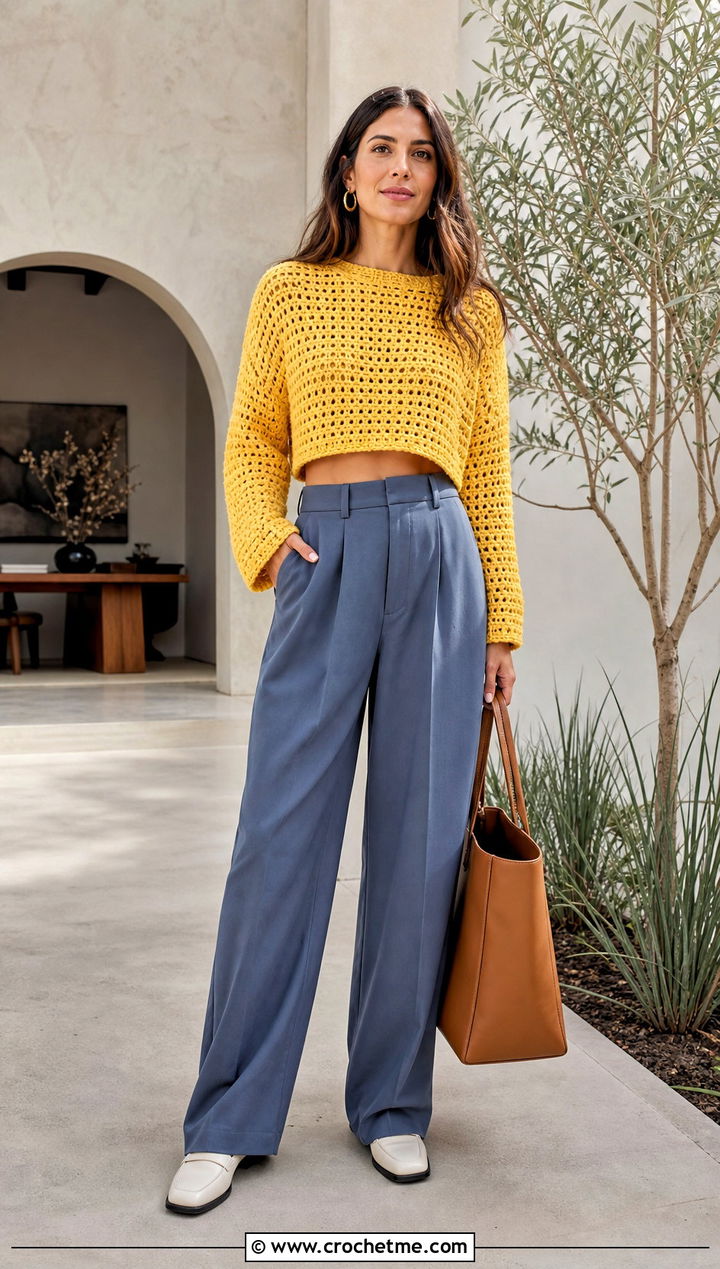 Cropped Crochet Block Sweater With Pleated Trousers - 30 crochet block sweater outfit ideas